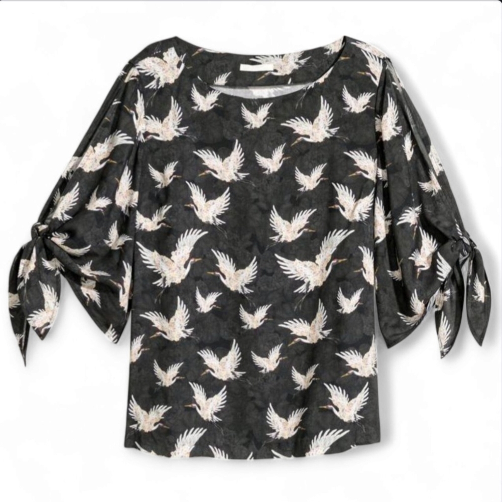 Elegant Bird Print Tie Sleeve Blouse Size 6 Black